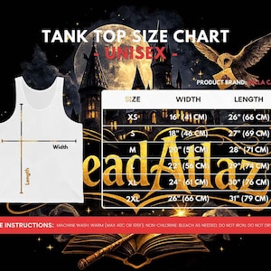 Puede incluir: Camiseta sin mangas blanca con una tabla de tallas que muestra medidas de ancho y largo en cent&iacute;metros. Tallas de XS a 2XL. Fondo con luna, castillo y un b&uacute;ho con una carta.