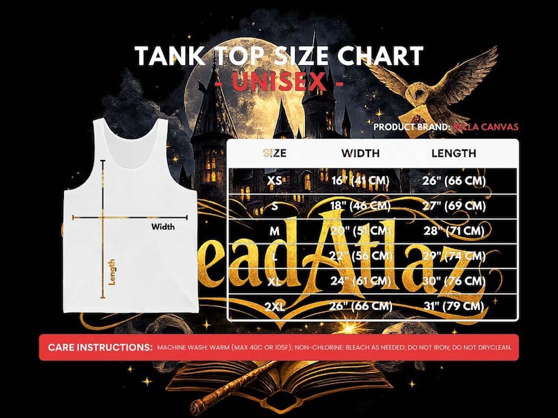 Puede incluir: Camiseta sin mangas blanca con una tabla de tallas que muestra medidas de ancho y largo en cent&iacute;metros. Tallas de XS a 2XL. Fondo con luna, castillo y un b&uacute;ho con una carta.