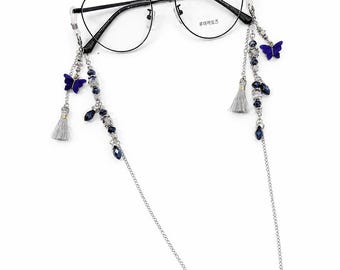 Blue Butterfly Glasses Chain| Beaded Eyeglasses Chain| Handmade Eyewear Holder