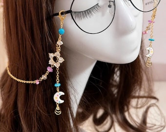 Celestial Moon Glasses Chain, Fairy Eyeglass Chain, Handmade Star Eyewear Holder, Kawaii Glasses Necklace