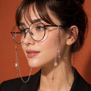 Celestial Star Glasses Chain, Silver Eyeglass with Crystal, Sunglasses Chain