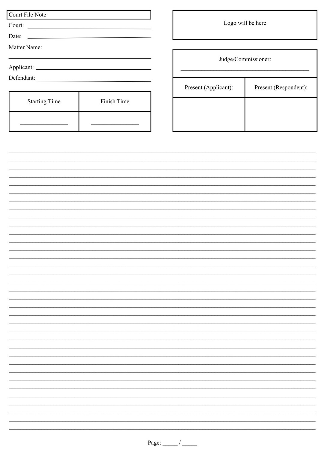 Court File Note Template | Legal Hearing Notes, Evidence Log (PDF) - Etsy