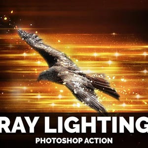 May include: A digital art image features a soaring eagle with outstretched wings against a backdrop of golden light streaks and sparkling effects. The text "RAY LIGHTING" and "PHOTOSHOP ACTION" are displayed in bold white letters.