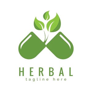May include: A green capsule with a plant growing out of it, a logo for herbal products. The word "HERBAL" is written in green below the capsule, with "tagline here" underneath. The design is on a white background.