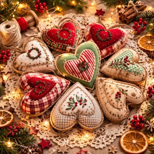 Cuore in stoffa fatto a mano e ricamati, decorazione casa shabby chi, cuore natalizio handmade, regalo originale