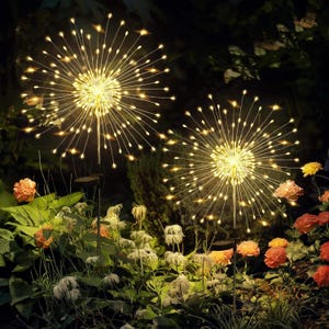 Op de afbeelding: Twee tuinlampen op zonne-energie in de vorm van sterren met dunne, uitstralende metalen draden met warmwitte led-lampjes aan de uiteinden. Elke lamp is gemonteerd op een slanke paal en heeft een klein zonnepaneel aan de basis.
