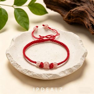 Adjustable Red Strawberry Quartz Braided Bracelet, Natural Love Stone Couple Handmade Cord Bracelet for Women