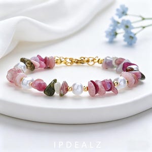 Natural Tourmaline Pearl Beaded Bracelet,  Gold Plated Stainless Steel, Dainty Gemstone Adjustable Bracelet, Pink Boho Jewelry Gift