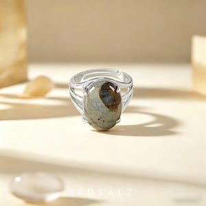 May include: A silver-toned ring featuring an oval-shaped stone with a smooth, polished surface. The stone displays a mix of earthy gray, tan, and dark brown tones with a distinct horizontal band. The band of the ring has a multi-layered design.
