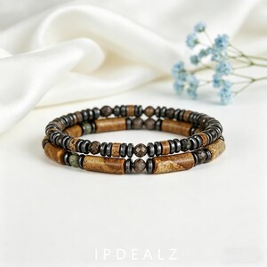 Men's Hematite & Picture Jasper Stackable Bracelet Set, Adjustable Double Layer Boho Beaded Bracelet, Earthy Tone Unisex Jewelry Gift