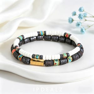 Boho Volcanic Lava Stone Stackable Bracelet Set, Double Layer Natural Stone Beaded Bracelet, Tribal Style Unisex Jewelry Gift