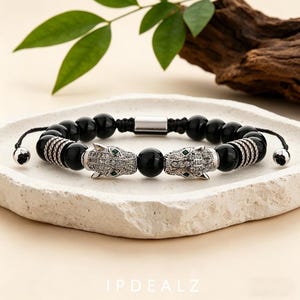 Adjustable Black Onyx Silver Panther Head Bracelet, Micro-Pave Zirconia Beaded Bracelet for Men