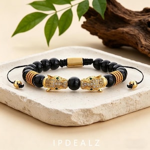 Adjustable Black Onyx Panther Head Bracelet, Gold-Tone Micro-Pave Zirconia Beaded Bracelet for Men
