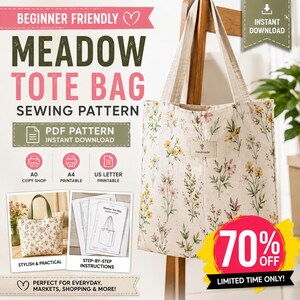 Meadow Tote Bag Sewing Pattern PDF | Beginner Friendly Canvas Market Tote | A0 A4 US Letter Printable | DIY Shopping Bag Instant Download