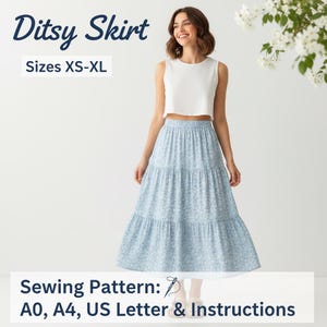 May include: A light blue tiered skirt with a floral pattern, paired with a white crop top. The image includes the text "Ditsy Skirt" and "Sizes XS-XL". The bottom of the image reads "Sewing Pattern: A0, A4, US Letter & Instructions".