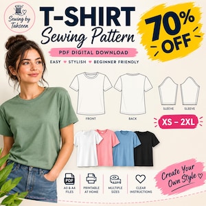 T-Shirt Sewing Pattern PDF, Basic Tee Pattern XS-2XL, A0 A4 Printable Digital Download, Easy DIY Sewing Pattern
