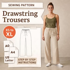 May include: A woman wearing a green tank top and beige drawstring trousers. The image includes a sewing pattern for drawstring trousers, with text that reads "SEWING PATTERN" and "Drawstring Trousers". The pattern sizes range from XS to XL.