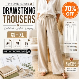 Schnittmuster für eine weite Hose mit Kordelzug (PDF) | Leinenhosen-Schnittmuster | Digitaler Download | XS-XL | A4, A0, US-Letter