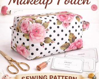 May include: A white makeup pouch with black polka dots and pink rose floral pattern. The pouch has a gold zipper and handles. The image also includes gold scissors, sewing notions, and the text "Makeup Pouch" and "Sewing Pattern".