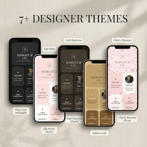May include: Image of mobile phone screens displaying design themes for "MARGOT & CO.". Themes include Onyx Noir, Silk White, Dark Espresso, Sahara Gold, and Cherry Blossom. Each phone shows a different colour scheme and layout, with the brand's logo and content.
