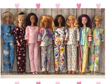 Handmade 11.5" Fashion Doll Clothes PJs Flannel Pajamas sleepwear Polka Dot Rainbow Unicorn Paw Feather Cat Buffalo Plaid Floral