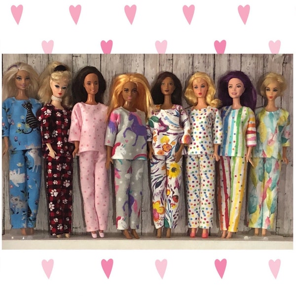 Handmade 11.5" Fashion Doll Clothes PJs Flannel Pajamas sleepwear Polka Dot Rainbow Unicorn Paw Feather Cat Buffalo Plaid Floral
