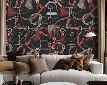Equestrian Horse Pattern Wallpaper, Luxury Western Peel and Stick Wall Mural
