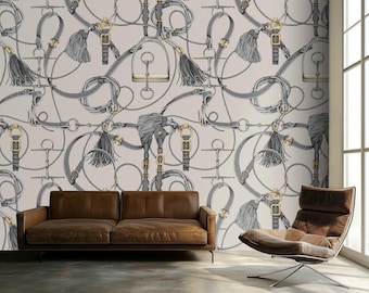 Papel pintado con diseño de bocado de caballo, mural de pared moderno en tonos neutros (autoadhesivo o tradicional).