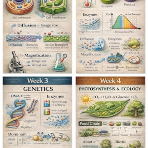 May include: Educational poster detailing biology concepts such as cells, enzymes, genetics, and photosynthesis. Diagrams and text explain diffusion, magnification, and the food chain. The poster is designed for educational purposes.