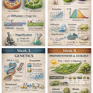 May include: Educational poster detailing biology concepts such as cells, enzymes, genetics, and photosynthesis. Diagrams and text explain diffusion, magnification, and the food chain. The poster is designed for educational purposes.