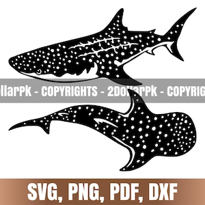 May include: Two black and white whale shark illustrations. The top shark is viewed from the side, and the bottom shark is viewed from above. The sharks have white spots. The image includes the text "2DollarPk - COPYRIGHTS" and "SVG, PNG, PDF, DXF".