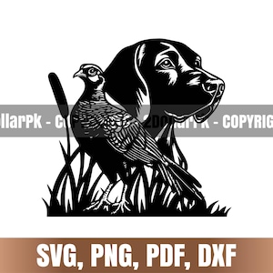 Puede incluir: Gráfico en blanco y negro de la cabeza de un perro y un faisán de pie en hierba alta. El faisán tiene patrones de plumas detallados. La imagen incluye el texto "2DollarPk - COPYRIGHTS" y "SVG, PNG, PDF, DXF".