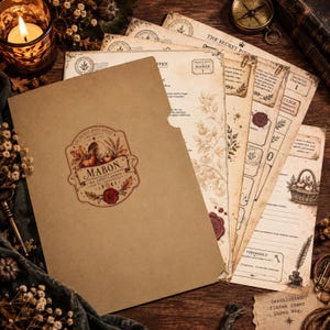 Könnte beinhalten: Eine beigefarbene Papiermappe mit einem Mabon-Etikett, das herbstliche Erntemotive zeigt, gefüllt mit mehreren Briefbögen im Vintage-Stil, verziert mit botanischen Zeichnungen, Wachssiegel-Grafiken und deutschem Text, fächerförmig angeordnet.