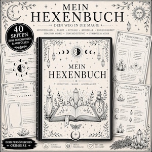 Könnte beinhalten: Ein digitales Grimoire mit dem Titel MEIN HEXENBUCH, verziert mit schwarz-weißen Illustrationen von Kristallen, Kerzen, einem Fläschchen und Himmelsmotiven. Das Set enthält druckbare Seiten zu Mondphasen, Tarot, Kerzenritualen und Energiearbeit.