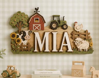 Letrero personalizado con el nombre de la granja, decoración infantil estilo granja, arte mural de animales de granja, decoración para la habitación de un niño, letrero para la habitación de niños de estilo campestre.