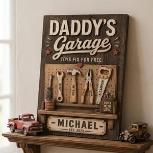Puede incluir: Letrero de madera con las palabras "DADDY'S Garage" y "TOYS FIX FOR FREE". Presenta un tablero perforado con herramientas de juguete y el nombre "MICHAEL" y "EST. 2023". Un camión de juguete rojo y un coche vintage están en el estante.