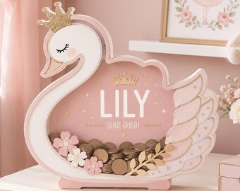 Personalized Swan Piggy Bank, Wooden Baby Girl Money Box, Custom Name Coin Bank, Princess Nursery Decor, Baby Shower Gift, 9 Adorable Styles