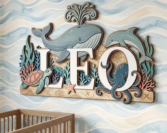 Letrero personalizado con el nombre de una ballena para la habitación del bebé, arte de pared personalizado con animales marinos, placa de madera con el nombre del bebé, regalo de decoración para la habitación infantil con temática marina.