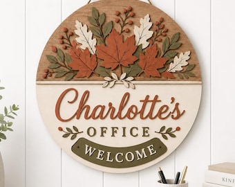 Letrero personalizado de otoño para oficina, colgador de puerta con nombre personalizado, decoración de hojas de otoño para oficina, letrero de bienvenida de madera, regalo para profesor o consejero