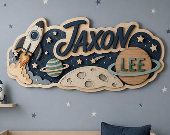 Letrero personalizado con nombre espacial, decoración personalizada para habitación infantil con forma de cohete, letrero de pared con planetas para bebé niño, placa con nombre y segundo nombre, regalo para habitación infantil con temática espacial