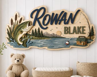 Letrero personalizado con nombre de pesca, decoración de pared personalizada para la habitación del bebé niño, placa de madera con nombre de pez lubina, letrero para la habitación infantil con forma de cabaña de lago, regalo para bebé