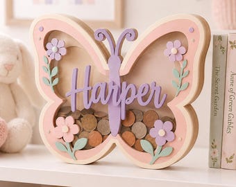 Hucha personalizada con forma de mariposa, hucha de madera con nombre personalizado para niños, decoración floral para guardería, regalo para baby shower, recuerdo para el dormitorio de niñas.