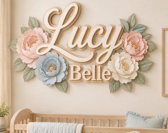 Letrero floral personalizado para la habitación del bebé, decoración de pared de madera personalizada para niña, letrero con nombre y segundo nombre, decoración floral en tonos pastel para la habitación del bebé.