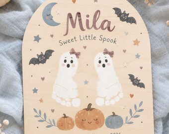 Letrero personalizado para la primera huella del bebé en Halloween, dulce recuerdo de pequeño fantasma, placa personalizada con nombre y huella de fantasma, regalo de Halloween para bebé
