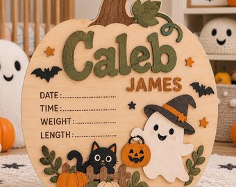 Letrero personalizado de Halloween con las estadísticas de nacimiento del bebé, placa personalizada con el nombre de la calabaza, decoración de habitación infantil con temática de fantasmas, recuerdo del primer Halloween del bebé.