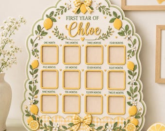 Tablero de fotos personalizado con diseño de limón para el primer año, marco personalizado conmemorativo de hitos del bebé con motivos cítricos, decoración de guardería con frutas de verano, recuerdo del primer cumpleaños de una niña.