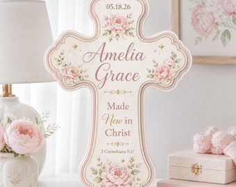 Cruz de bautismo personalizada para niñas, cruz de bautizo a medida, letrero floral con el nombre del bebé, decoración cristiana para la habitación del bebé, regalo de dedicación del bebé.