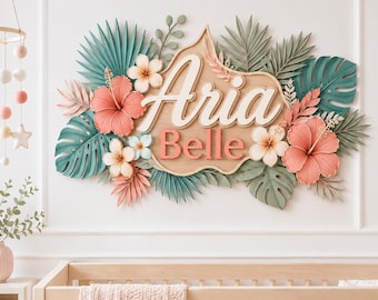 Letrero tropical personalizado con nombre, decoración de pared para habitación infantil con hibisco, placa con nombre hawaiano para niña, decoración de pared de madera para habitación infantil.