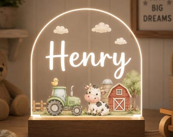 Lámpara de noche personalizada con diseño de granja, lámpara infantil con nombre personalizado, letrero LED acrílico con forma de tractor y vaca, decoración para la habitación de un niño, regalo para recién nacido
