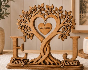Placa de madera personalizada con forma de árbol del amor para parejas, letrero con iniciales, regalo de aniversario para parejas, regalo de boda, letrero con el nombre de la pareja en el árbol del amor.